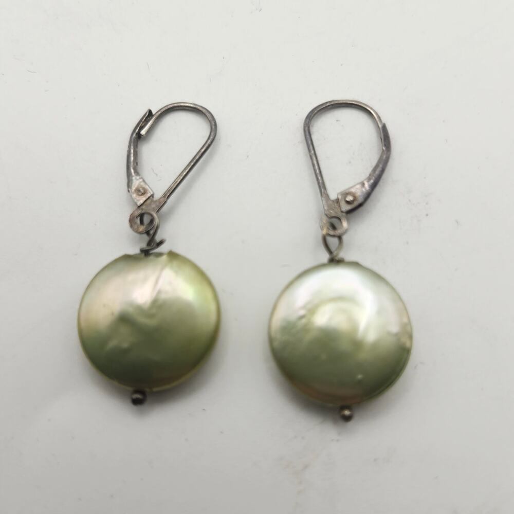 Green Coin Pearl Dangle Earrings 925 Sterling Silver Leverback Closures 1.5in